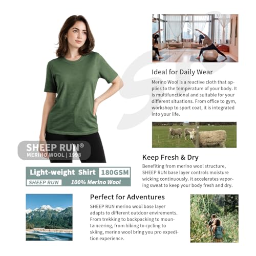 SHEEP RUN 100% Merino Wool T Shirt for Women Breathable Wicking Casual Travel Base Layer Shirt - color: Pastel Grey, size: X-Large