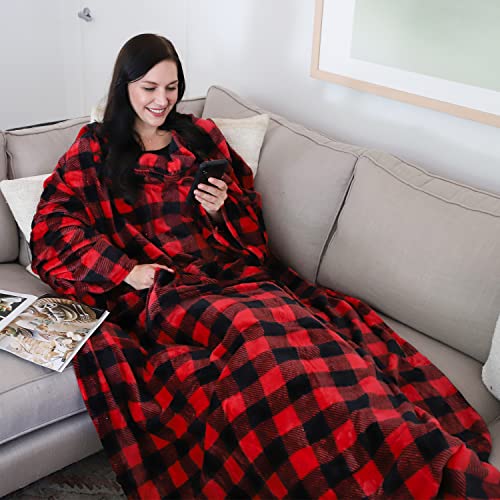 Catalonia Wearable Blanket with Sleeves & Foot Pocket for Adults - color: Red Checker, size: Fleece