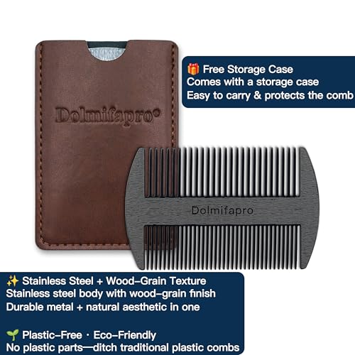 304 Stainless Steel Pocket Beard Comb for Men, Anti-Static Dual Fine Coarse Teeth Ultra-Thin Mustache Hair Grooming Comb with PU Leather Case (black) - color: black