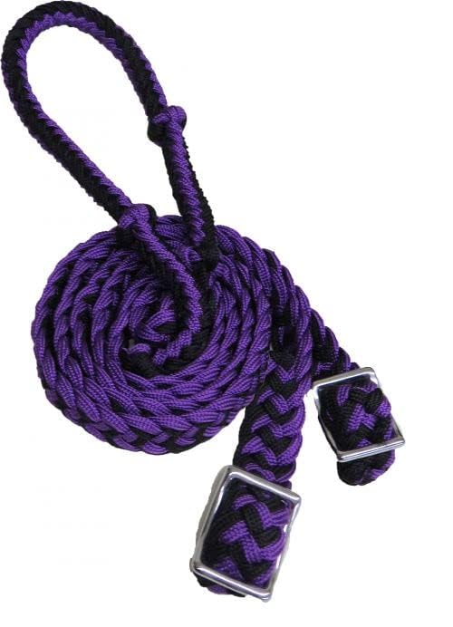 Showman 7' Braided Knotted Nylon Roping Barrel Racing Contest Reins - color: Purple / Black