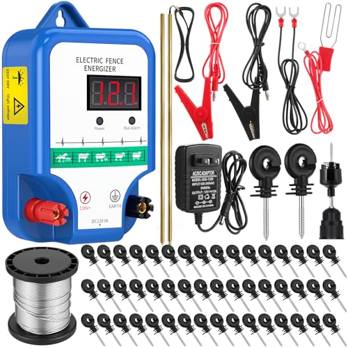 MorningRo Electric Fence Kit, 8 Mile 12kV 2J Electric Fence Charger AC/DC Powered with 50 Insulators, Socket Tool, 250ft Aluminum Wire for Livestock Control(LCD Display Ver.,Blue) - style: LCD Display Ver