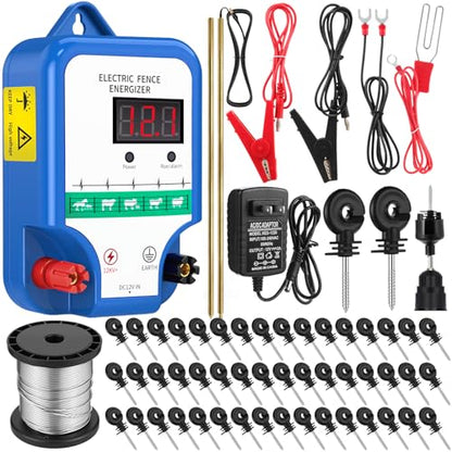 MorningRo Electric Fence Kit, 8 Mile 12kV 2J Electric Fence Charger AC/DC Powered with 50 Insulators, Socket Tool, 250ft Aluminum Wire for Livestock Control(LCD Display Ver.,Blue) - style: LCD Display Ver
