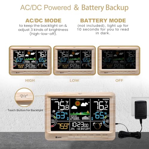 Weather Station Indoor Outdoor Thermometer Wireless Atomic Clock Wood | Home Atomic Clock Large Constant Display, Inside Outside Temperature Humidity Monitor, Dew Heat Point, Barometer - color: Multi