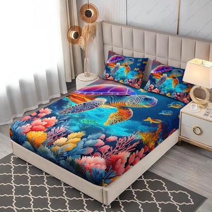 Coastal Turtle Bedding Set Twin Size,1 Fitted Sheet+2 Pillowcases. - color: Color, size: Twin
