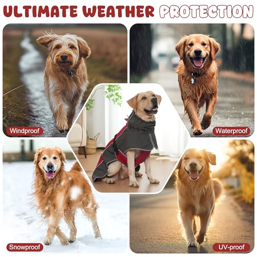 Dog Raincoat, Waterproof Dog Coat with Polar Fleece Lining - color: Red, size: Large