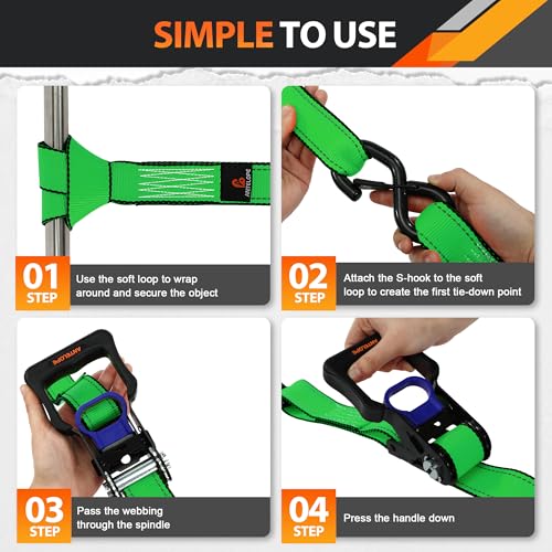 A ANTELOPE 4 Pack 1.5" x 15' Ratchet Tie Down Straps with S Hooks, Green - color: Green, size: 4PK-1.5in