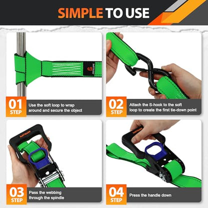 A ANTELOPE 4 Pack 1.5" x 15' Ratchet Tie Down Straps with S Hooks, Green - color: Green, size: 4PK-1.5in