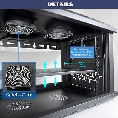 6U Wall Mount Server Cabinet with A Lockable Front Vented Door, Cooling Fans, Removable Side Panels - 45cm Depth, 19" Network Rack Including Full-Size Rack Shelf for IT Equipment - size: 6U/450mm Depth