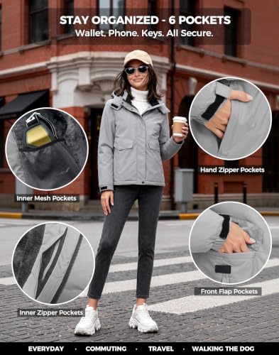 wantdo Women's Waterproof Ski Jacket Warm Fleece Lined Snow Winter Coat | 10000mm Waterproof Snowboard Jacket for Skiing, Hiking, Commute, Removable Hood, 6 Pocket, Windproof Warm -10°F to 50°F - color: Gray, size: Medium