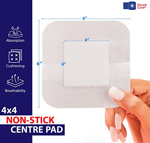 GauzeCare Island Dressing 6x6 (inch) 25 Pcs| Individually Packed Sterile Bordered Dressing | 4x4 Non-Stick Pad in Center with Acrylic Adhesive Borders| Water-Resistant Adhesive Pads for Wound Care - size: 6x6 Inch - 25 Dressings