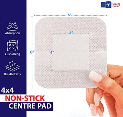 GauzeCare Island Dressing 6x6 (inch) 25 Pcs| Individually Packed Sterile Bordered Dressing | 4x4 Non-Stick Pad in Center with Acrylic Adhesive Borders| Water-Resistant Adhesive Pads for Wound Care - size: 6x6 Inch - 25 Dressings