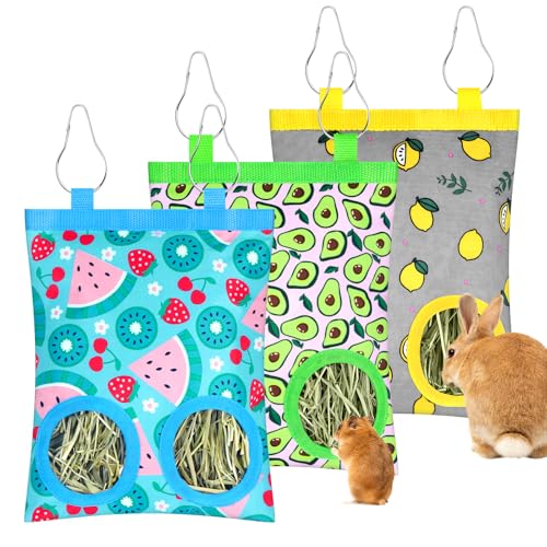 3 Pack Rabbits Hay Feeder Bag, 2 Holes Hanging Bunny Hay Feeder Guinea Pig Feeding Bag Storage Dispenser for Bunny Rabbits Chinchillas Hamsters Small Pets and Animals - color: Blue Green Yellow
