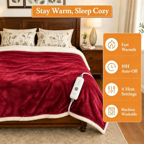 Electric Heated Blanket 72"×84" Full Size, Sherpa & Snuggly for Living Room, Sofa, Study, 4 Heat Settings & 10H Auto-Off, Energy Efficient, Machine Washable, Bright Red - color: 08-red, size: Full Size ( 72"x84" )