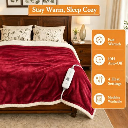 Electric Heated Blanket 72"×84" Full Size, Sherpa & Snuggly for Living Room, Sofa, Study, 4 Heat Settings & 10H Auto-Off, Energy Efficient, Machine Washable, Bright Red - color: 08-red, size: Full Size ( 72"x84" )