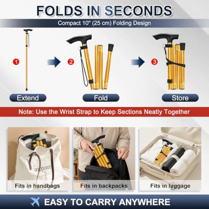 supregear Folding Cane, 5-Level Adjustable Height Walking Stick Lightweight Collapsible Portable Travel Cane with Wrist Strap and T Handle for Elderly Disabled Men Women - color: Gold