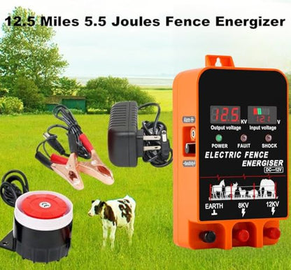 Electric Fence Energizer, 5.5 Joules 200 Acres Electric Fence Charger, AC & DC Power Supply, Output 8KV 12KV for Cattle Cow Horse Goat Pig Livestock, with Alarm and Remote