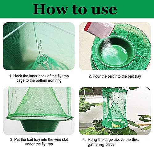 Ranch Fly Trap Outdoor Hanging Reusable with Fishing Apparatus | Food Bait Tray Catcher Cage for Indoor or Outdoor Family Farms, Park (4 Pack)