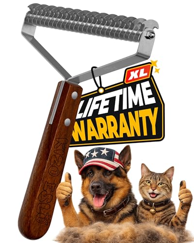 Extra Large 2-Sided Undercoat Rake for Dogs & Cats, Dog Brush for Shedding Remove Mats, Dematting Comb, Safe&Gentle Grooming Brush for German Shepherds Medium to Long-Haired Pets,Premium Wooden Handle - size: Best Seller - XL - African Sapele
