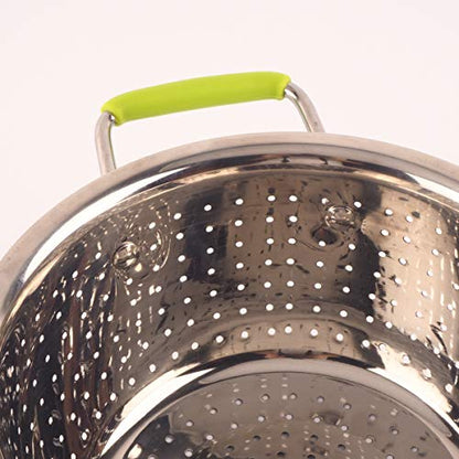 Stainless Steel Deep Colander Micro-perforated 2.5 Quart Metal Food Strainer with Green Silicone Handles for Draining Pasta Cleaning Food like Fruit - color: Green Double Handle 2.5 Quart