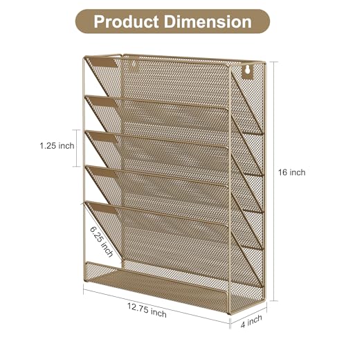EasyPAG 5 Tier Wall File Holder, Mesh Hanging Folder Organizer with Classify Label, Versatile Desk File Holder, Vertical Wall Mounted Mail Organizer for Office Home Cubicle, Gold - color: Gold