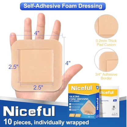 Niceful Silicone Foam Dressing 4"x4" 10 PCS Waterproof Bandages for Wound | Self-Adhesive Bordered Silicone Foam, 5-Layer Exudate Lock, Waterproof Painless Peel, Pressure Sores & Surgery, Sealed - size: 4"x4"(10 PCS)