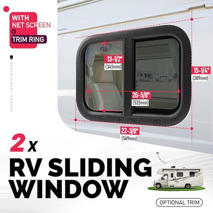 Wutist 2 Pack Horizontal RV Windows 21" W x 14" H w/Mesh Screen & Trim Ring - size: 2Pcs