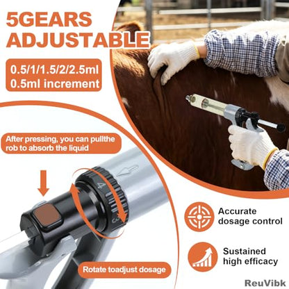 50ml Semi-Auto Repeating Livestock Syringe Gun, 5 Dose Settings - color: Silver Gray50ML