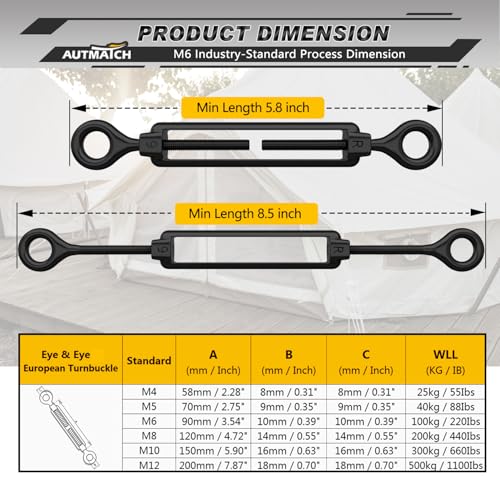 AUTMATCH M6 Eye & Eye Turnbuckle - 304 Stainless Steel Wire Rope Tensioner | Adjustable Turnbuckle for Cable Railing, Fence & Shade Sail Hardware, Wire Rope Tension Kit, 6-Pack, Black - color: Black Tone - Eye & Eye, size: M6