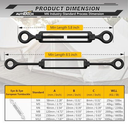 AUTMATCH M6 Eye & Eye Turnbuckle - 304 Stainless Steel Wire Rope Tensioner | Adjustable Turnbuckle for Cable Railing, Fence & Shade Sail Hardware, Wire Rope Tension Kit, 6-Pack, Black - color: Black Tone - Eye & Eye, size: M6