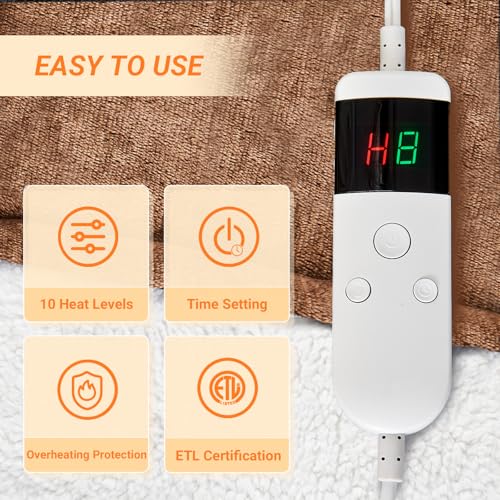 Heated Blanket Electric Throw, 50"x60" Soft Flannel Heating Blanket with 8 Hours Auto Off 10 Fast Heating Levels Machine Washable Sherpa Heated Throw Blanket with Overheating Protection - color: Camel, size: Throw(50" x 60")