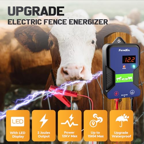 Electric Fence Charger,9.32 Miles/15 Km,12KV Output Voltage 2J Energy Output,AC DC Electric Fence Energizer with LED Display for Preventing Wild Animals Intruding Great for Gardens,Poultry and Pets