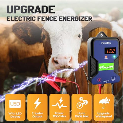 Electric Fence Charger,9.32 Miles/15 Km,12KV Output Voltage 2J Energy Output,AC DC Electric Fence Energizer with LED Display for Preventing Wild Animals Intruding Great for Gardens,Poultry and Pets
