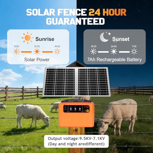 30 Miles/48km Solar Electric Fence Charger 0.3J-1.5J Adjustable,656ft Electric Fence Polywire 50Pcs Electric Fence Insulators&1 Insulated Sleeve