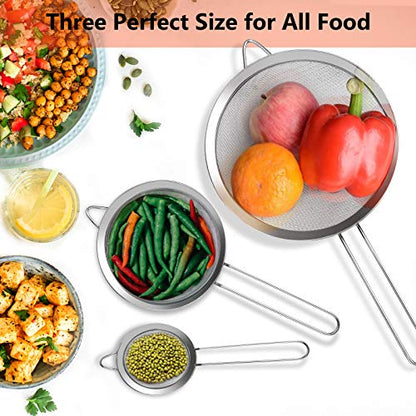 3Pcs Super Wire Extra Fine Mesh Strainer with Handle, Small Medium Large Size Sifter Metal Strainer Set, Stainless Steel Sieve Fine Mesh Strainers for Kitchen Rice Juice Quinoa Food Flour Baking YLYL