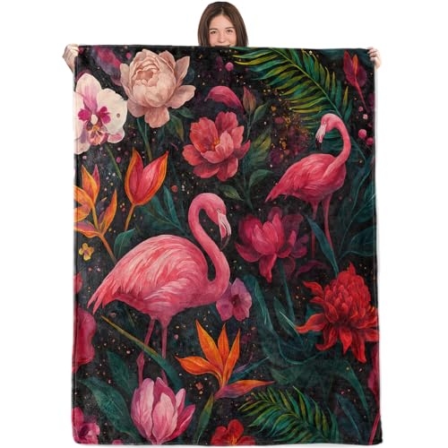 Tropical Flamingo Blanket,50x60in,Cozy Flannel Throw with Pink Flamingos Exotic Flower on Black Design,Soft Lightweight Gifts Blankets for Women,Sofa Bed Travel Beach Decor - color: Flamingo, size: 60"x50"