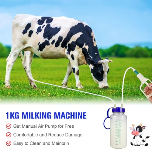 Abaodam Cow Milking Machine Portable Manual Milker Hand Pump for Cattle Sheep and Goats Food Grade Teat Cup Kit with 1000Ml Bottle for Farm and Dairy Use