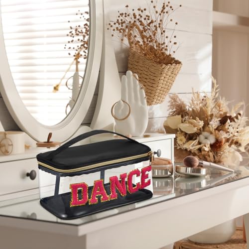 Geetery Medicine Pill Bag Clear Cosmetic Makeup Bag with Zipper Black | Transparent PVC with Nylon Trim, Chenille Dance Patch, Portable Travel Organizer for Pills Cosmetics, Gold Zipper - color: Black, style: Dance