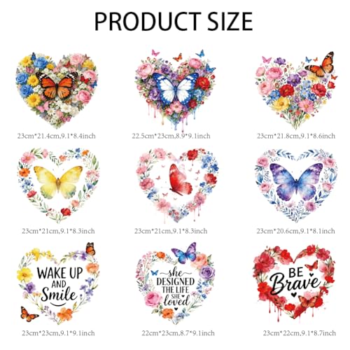 arricraft 9 Sheets Heart Plant Iron on Stickers, Butterflies Heart Flowers Pattern Print Transfer Stickers Decals for DIY T-Shirt Jeans Backpacks Families Clothing Hat Decoration Applique - style: Butterflies Heart Flowers Theme