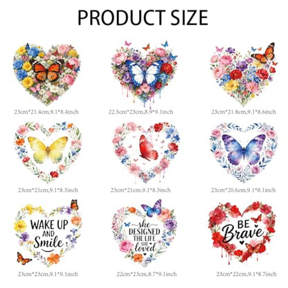 arricraft 9 Sheets Heart Plant Iron on Stickers, Butterflies Heart Flowers Pattern Print Transfer Stickers Decals for DIY T-Shirt Jeans Backpacks Families Clothing Hat Decoration Applique - style: Butterflies Heart Flowers Theme