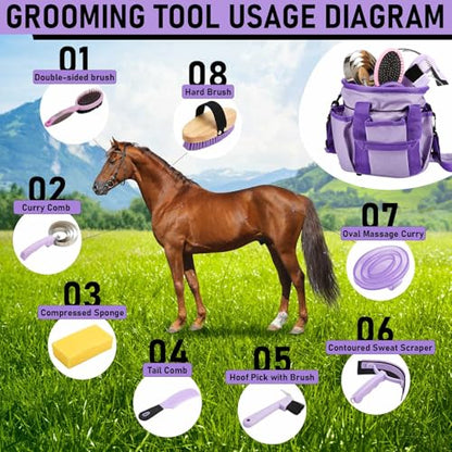 Cunhill 9 Pcs Horse Grooming Kit Tack Room Supplies, Classic, Purple - color: Purple, style: Classic