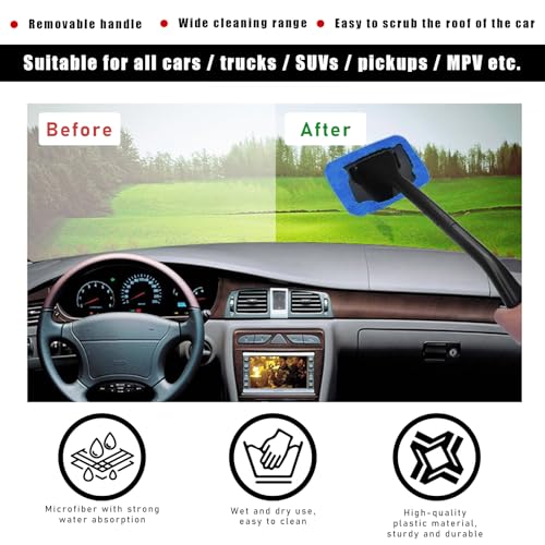 Ohleats Car Windshield Cleaning Tool, Microfiber Window Cleaner with 4 Washable and Reusable Cloth Pad & Long Handle, Auto Glass Wiper Cleaning Kit with Spray Bottle, Car Accessories - size: 6×4 inches