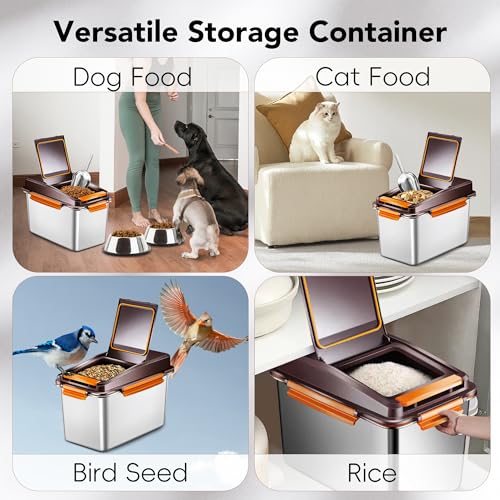 Newget 11 lb Stainless Steel Dog Food Storage Container with Scoop, Brown - color: A-Brown