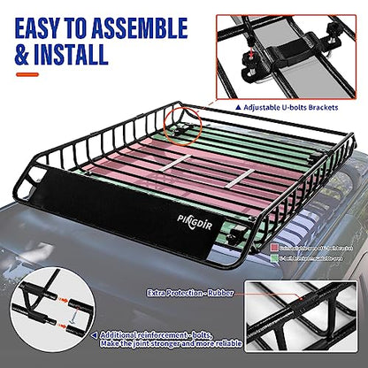 PINGDIR Roof Rack Basket 51" X 36" X 5" Rooftop Rack Cargo Carrier Universal, Waterproof Cargo Bag 44 * 35 * 16", Cargo Net with Attachment Hooks, 2 pcs Ratchet Strap,Roof Pedal - size: 51 inches