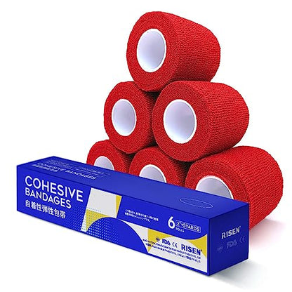 RISEN Cohesive Bandage 2” x 5 Yards, 6 Rolls, Self Adherent Wrap Medical Tape, Adhesive Flexible Breathable First Aid Gauze Ideal for Stretch Athletic - color: Red, size: 6 Count (Pack of 1)