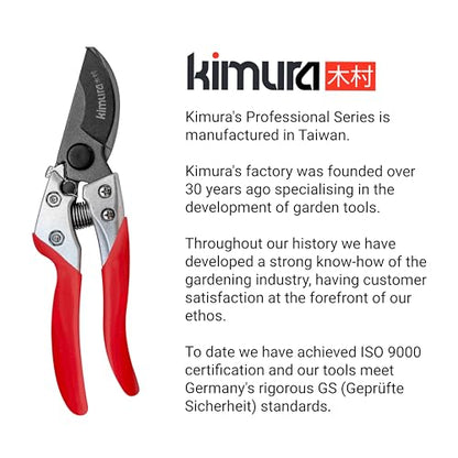 Kimura® 8" Pro Bypass Pruning Shears, Heavy Duty Japanese SK5 Steel Blades, 1 inch Cut Capacity, Non-Slip PVC Coated Handles, Lightweight & Ergonomic, Japanese Pruners, Professional Garden Clippers - size: 8"