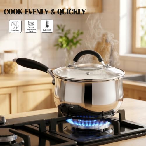 E-far 2 Quart Stainless Steel Saucepan with Lid, Milk Sauce Pot for Kitchen - size: 2 Quarts