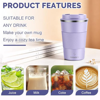 MOMSIV 12oz Travel Coffee Mug, Insulated Coffee Cup with Leakproof Lid - color: B-Purple Taro-12oz