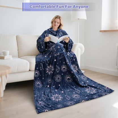 Catalonia Wearable Blanket with Sleeves for Women & Men, Fleece Wrap Throw - color: Astrology Navy