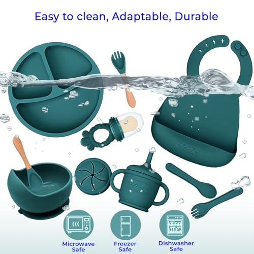 Silicone Baby Feeding Set, Suction Plates Bowls Bibs for Self Feeding Green | Baby Led Weaning, BPA-Free Suction Plates and Bowls, Baby Spoons Forks, Independent Eating, Easy Clean - color: Green Spruce