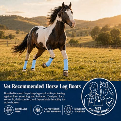 Fly Boots for Horses Set of 4 - Breathable Mesh Equine Leg Protection,Anti-Sag Stay-On Horse Fly Boots,Reduces Stomping & Fatigue,UV-Block, Adjustable Fit for Medium to Large Horses (Light Blue)
